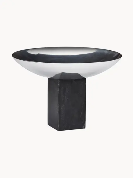 Ciotola decorativa con base in marmo Sapoto, Ciotola: alluminio lucidato, Argentato, nero marmorizzato, Ø 22 x Alt. 15 cm