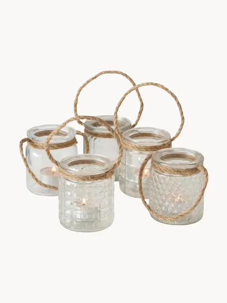 Teelichthalter Trax mit Seil-Tragegriffen in unterschiedlichen Designs, 5er-Set, Glas, Seil, Transparent, Beige, Je Ø 7 x H 9 cm