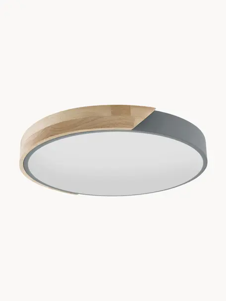 Plafoniera piccola a LED con decoro in legno Benoa, Paralume: legno di quercia, metallo, Legno di quercia, grigio, Ø 30 x Alt. 5 cm