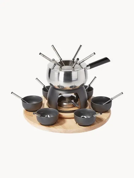 Set fondue en acier inoxydable et porcelaine Maro pour 6 personnes ( 22 élém. ), Noir, argenté, bois clair, Lot de différentes tailles