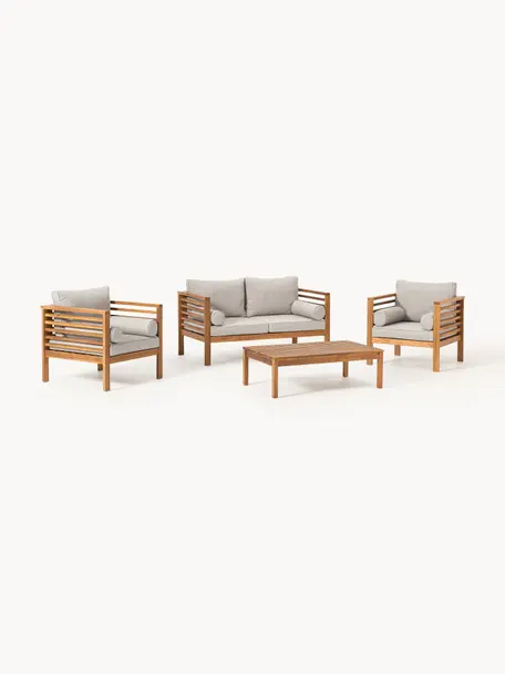 Set lounge para exterior Bo, 4 pzas., Tapizado: poliéster (resistente a l, Estructura: madera de acacia maciza a, Tejido gris, acacia, Set de diferentes tamaños