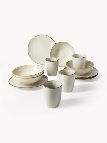Ručně vyrobená sada snídaňového nádobí Thalia, pro 4 osoby (12 dílů), Kamenina, Béžová, Ø 23 cm, V 3 cm