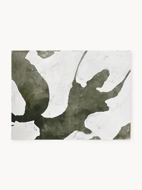 Peinture sur toile réalisée à la main Exposure, Blanc, vert olive, larg. 118 x haut. 88 cm