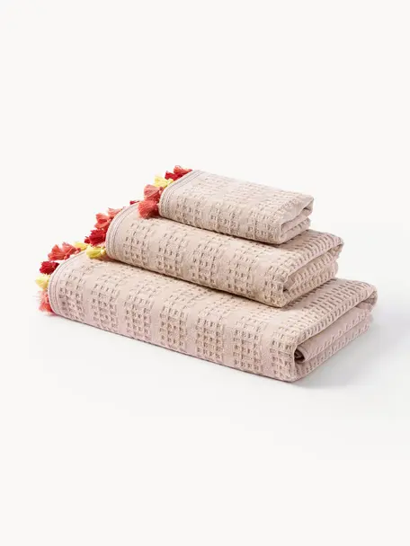 Lot de serviettes de bains en velours avec franges décoratives Niam, 3 élém., 100 % coton
Grammage intermédiaire, 500 g/m²

Le matériau est certifié STANDARD 100 OEKO-TEX®, 8135CIT, CITEVE, Rose pâle, multicolore, Lot de différentes tailles