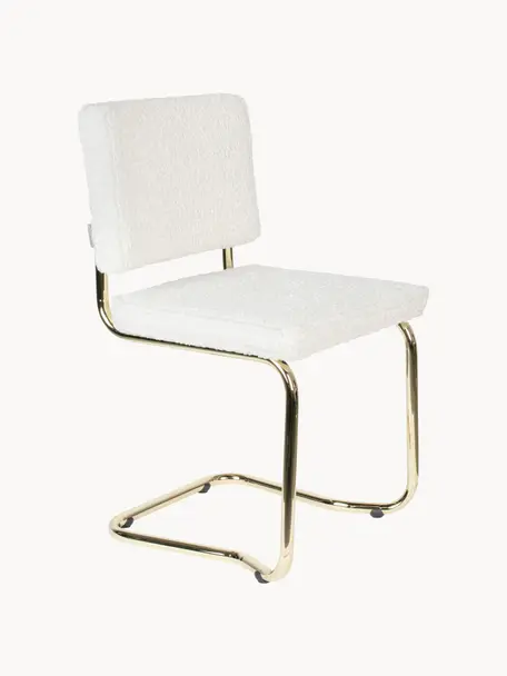 Silla cantilever de borreguillo Kink, Tapizado: borreguillo (100% poliést, Estructura: metal recubierto, Borreguillo blanco, latón, An 48 x F 48 cm