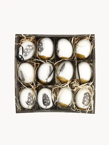Deko-Anhänger-Set Disa, 12er-Set, Echte Eier, Weiß, Goldfarben, Grau, Ø 6 x H 7 cm