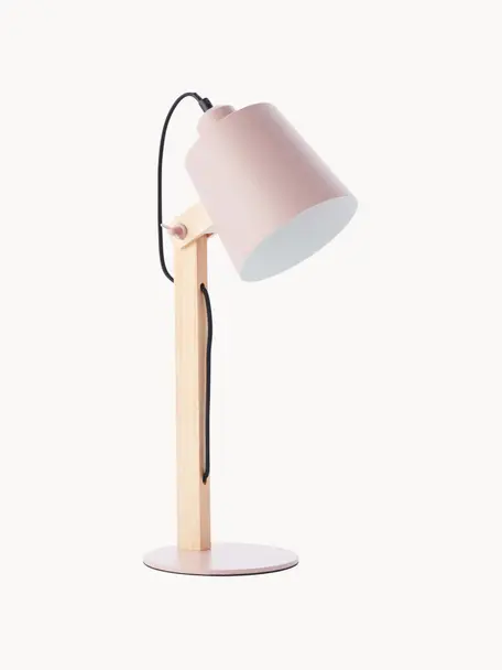 Grote bureaulamp Swivel met houten voet, Lampenkap: metaal, Lampvoet: metaal, Roze, helder hout, B 16 x H 52 cm
