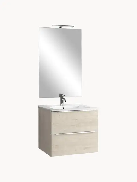 Set lavabo Malmo, 4 pzas., Lámpara: aluminio recubierto, Espejo: vidrio, Parte trasera: plástico ABS, Acabado de madera de roble, Set de diferentes tamaños