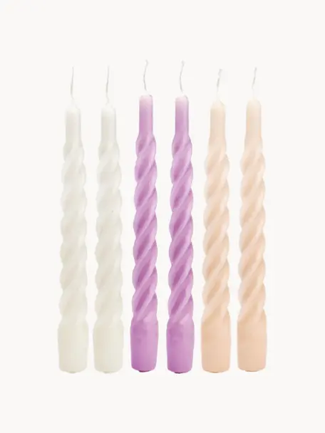 Set di 6 candele a bastoncino Mixed Twisted, Cera paraffinica, Bianco latte, rosa, pesca, Alt. 20 cm