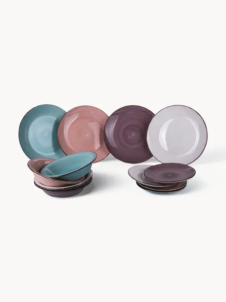 Handbeschilderde serviesset Round, 4 personen (12-delig), Keramiek, Turquoise, oudroze, aubergine, lichtgrijs, 4 personen (12-delig)