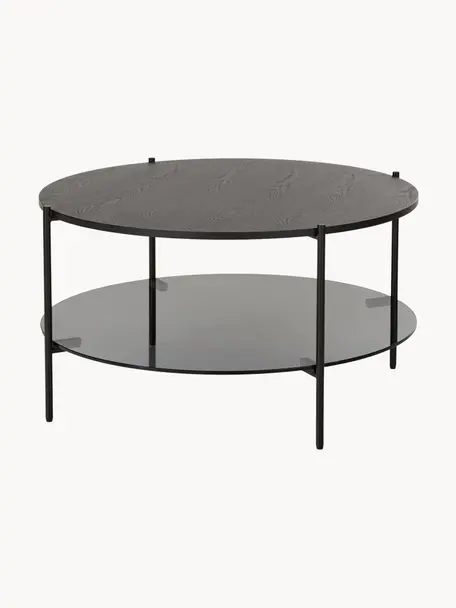 Stolik kawowy ze szklanym blatem Valentina, Blat: szkło, Stelaż: metal malowany proszkowo, Drewno jesionowe lakierowane na czarno, Ø 84 cm