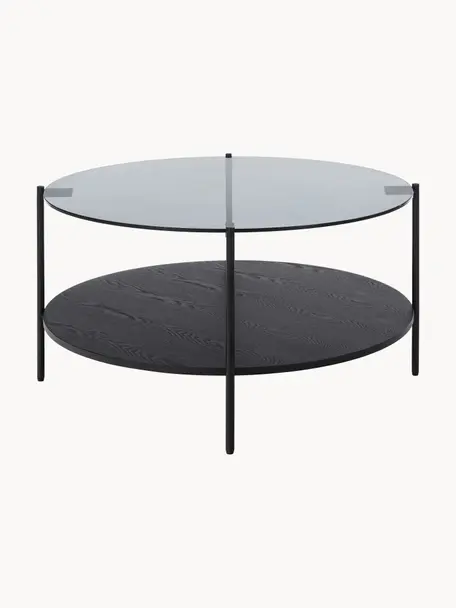 Couchtisch Valentina mit Glasplatte, Tischplatte: Glas, Ablagefläche: Mitteldichte Holzfaserpla, Gestell: Metall, pulverbeschichtet, Eschenholz schwarz lackiert, Schwarz, Ø 84 cm