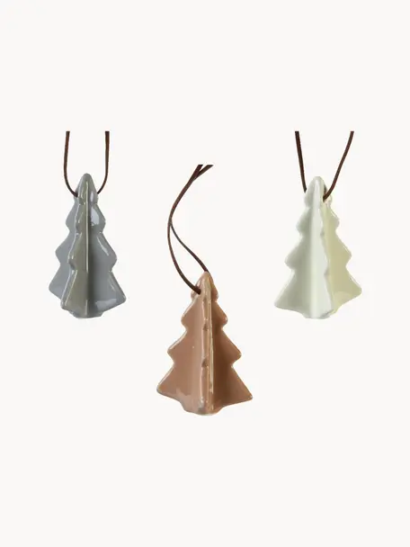 Sapins de Noël en porcelaine à suspendre Dash, 3 élém., Porcelaine, Gris, brun, blanc crème, larg. 4 x haut. 9 cm