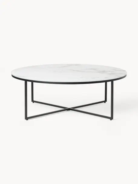 Kulatý konferenční XL stolek se skleněnou deskou v mramorovém vzhledu Antigua, Bílá v mramorovém vzhledu, černá, Ø 100 cm