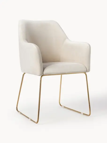 Sametová židle s područkami Isla, Krémově bílá, zlatá, Š 58 cm, H 62 cm