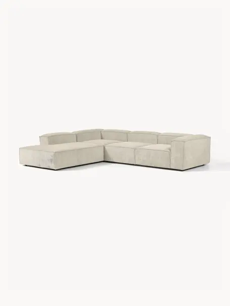Divano angolare componibile XL in velluto a coste Lennon, Rivestimento: velluto a coste (92% poli, Struttura: legno di pino massiccio, , Piedini: plastica, Velluto a coste beige chiaro, Larg. 329 x Prof. 269 cm, chaise longue a sinistra