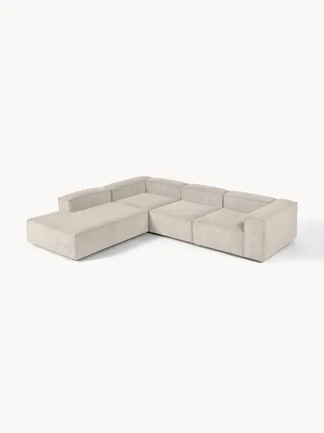 Modulares XL-Ecksofa Lennon aus Cord, Bezug: Cord (92 % Polyester, 8 %, Gestell: Massives Kiefernholz, Spe, Füße: Kunststoff Dieses Produkt, Cord Hellbeige, B 329 x T 269 cm, Eckteil links