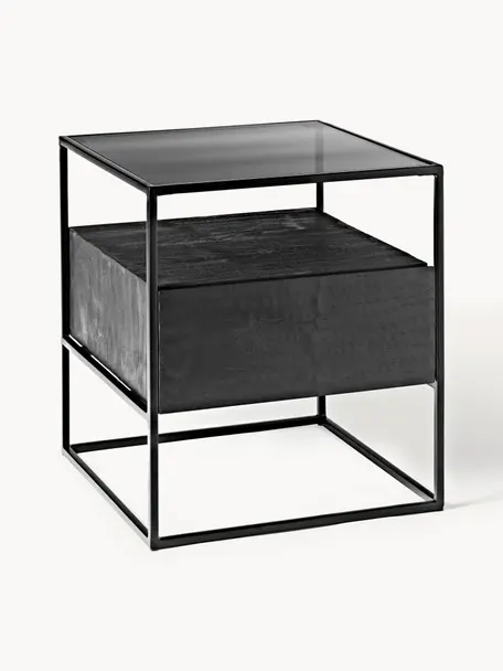 Nachttisch Theodor mit Schublade, Tischplatte: Glas, Gestell: Metall, pulverbeschichtet, Mangoholz, Schwarz, B 45 x H 50 cm