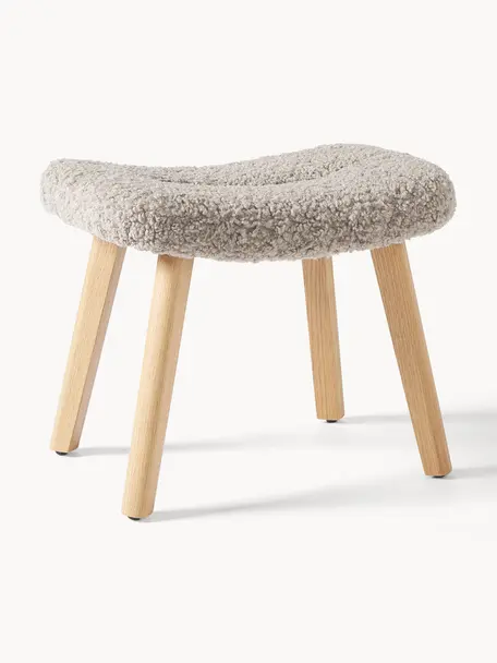 Tabouret en tissu bouclé Wing, Peluche gris, bois de bouleau, larg. 50 x haut. 41 cm