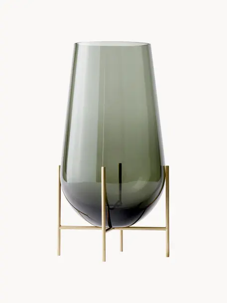 Vaso da terra in vetro soffiato Echasse, Struttura: ottone, Vaso: vetro soffiato, Verde, dorato, Ø 20 x Alt. 60 cm