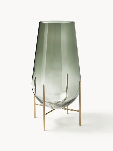 Mundgeblasene Bodenvase Échasse, H 60 cm, Gestell: Messing, Vase: Glas, mundgeblasen, Olivgrün, transparent, Ø 30 x H 60 cm