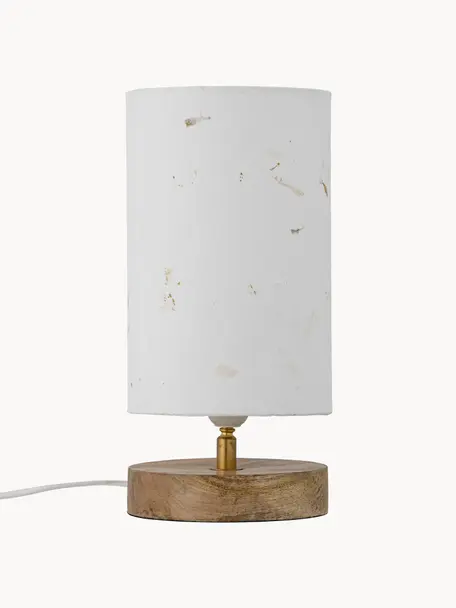 Kleine Tischlampe Phu, Lampenschirm: Papierstoff, Lampenfuß: Mangoholz, Dekor: Metall, beschichtet, Weiß, Mangoholz, Ø 15 x H 28 cm