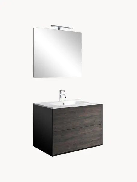 Set lavabo Ago 4 pz, Superficie dello specchio: vetro a specchio, Nero effetto legno di frassino, Larg. 61 x Alt. 190 cm
