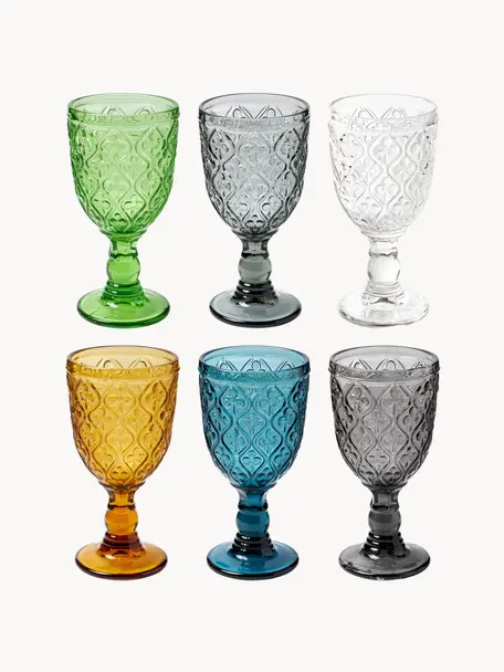 Set di 6 bicchieri da vino con motivo in rilievo Marrakech, Vetro, Multicolore, Ø 8 x Alt. 17 cm, 280 ml