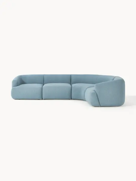 Canapé d'angle modulable 4 places en tissu bouclé Sofia, Bouclé bleu, larg. 318 x prof. 235 cm