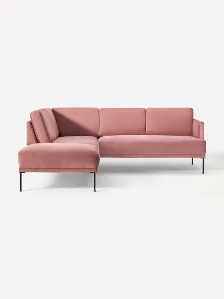 Divano angolare in velluto Fluente, Rivestimento: velluto (rivestimento in , Struttura: legno di pino massiccio, , Piedini: metallo verniciato a polv, Velluto rosa antico, Larg. 221 x Prof. 200 cm, chaise longue a sinistra