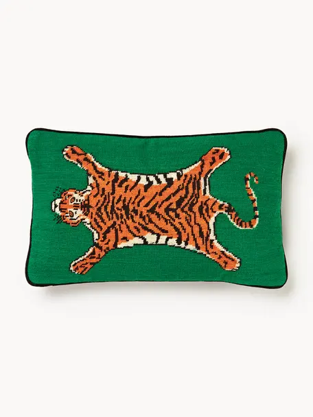 Cuscino decorativo in lana fatto a mano Tiger, Retro: velluto (100% cotone), Verde, arancione, Larg. 30 x Lung. 50 cm