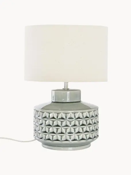 Lampada da tavolo piccola con base in ceramica Monica, Paralume: lino, Struttura: metallo, Beige, grigio, Ø 23 x Alt. 33 cm