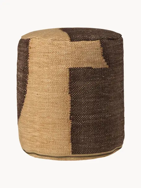 Pouf rembourré Forene, Tissu beige, brun foncé, Ø 38 x haut. 42 cm