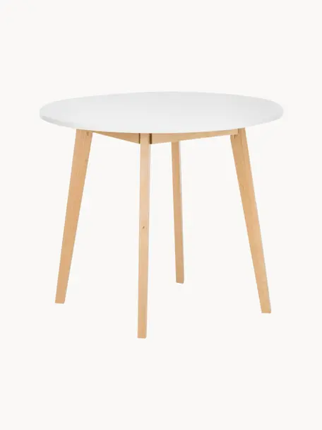 Tavolo da pranzo rotondo Raven, Ø 90 cm, Gambe: legno di betulla, finitur, Piano d'appoggio: pannello MDF (fibra a med, Legno di betulla, bianco, Ø 90 cm