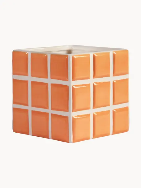 Kleine plantenpot Tile van dolomietsteen met tegellook, Dolomietensteen, Oranje, gebroken wit, B 11 x H 11 cm