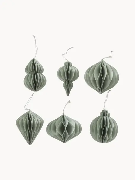 Handgemaakte decoratieve hangersset Sander, 6-delig, Gerecycled papier, Groen, Ø 11 x H 12 cm