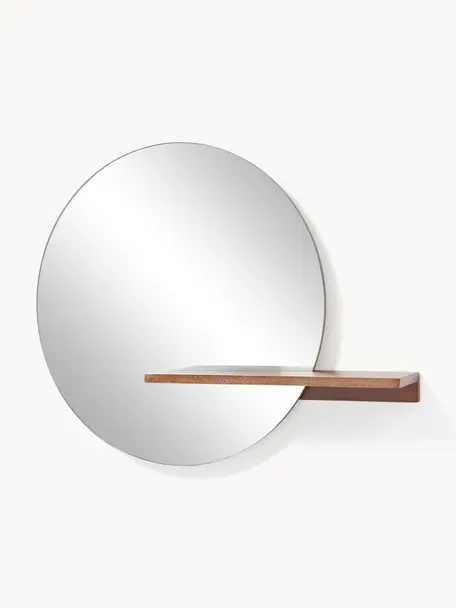 Specchio rotondo da parete con mensola in legno Sandro, Mensola: legno di mango, pannello , Superficie dello specchio: vetro a specchio, Legno scuro, Larg. 75 x Alt. 60 cm