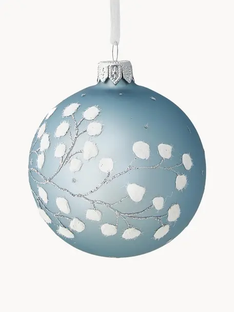 Boules de Noël soufflées bouche Vert Ø 8 cm, 6 pièces, Verre, Bleu, blanc, couleur argentée, Ø 8 cm