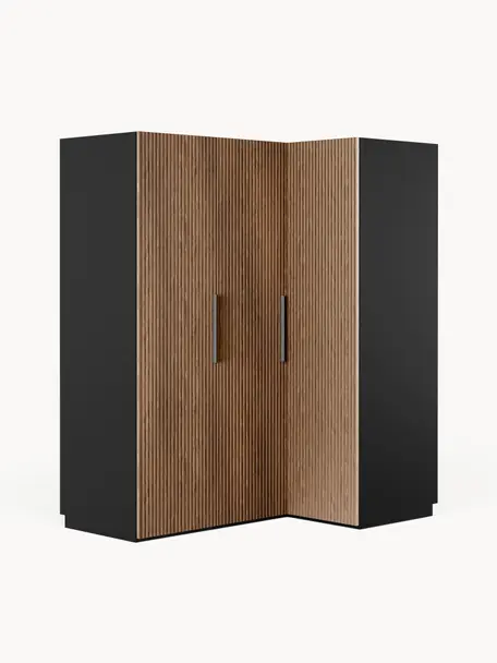 Armoire d'angle modulaire Simone, larg. 165 cm, plusieurs variantes, Aspect bois de noyer, noir, Premium Interior : larg. 165 x haut. 236 cm, avec module d'angle