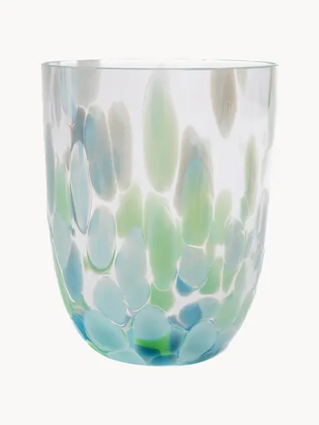 Ręcznie wykonana szklanka Big Confetti, 6 szt., Szkło, Odcienie niebieskiego, miętowy zielony, transparentny, Ø 7 x W 10 cm, 250 ml