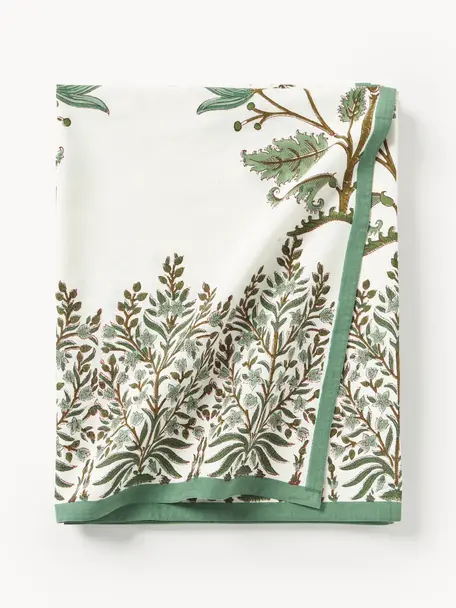 Nappe en coton avec motif à fleurs Flora, 100 % coton, Vert olive, brun, blanc cassé, 8-10 personnes (larg. 170 cm x long. 300)