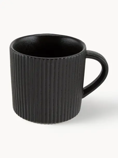 Tazas de café con relieves Neri, 2 uds., Gres, Negro mate, Ø 9 x Al 9 cm, 350 ml