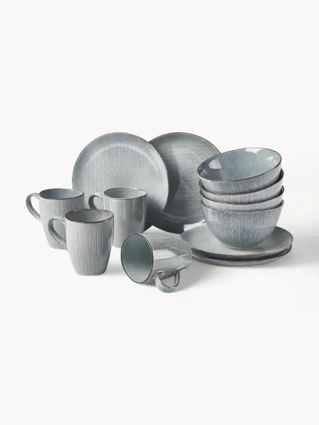 Set de desayuno artesanal Nordic Sea, 4 comensales (12 pzas.), Gres, Gris azulado jaspeado, 4 comensales (12 pzas.)