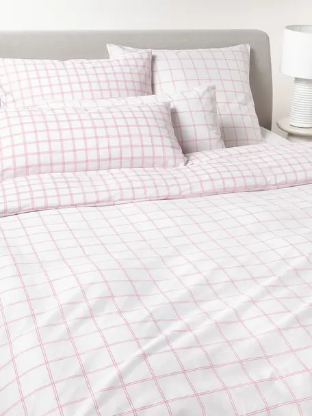 Funda nórdica doble cara de algodón a cuadros Enna, Blanco, rosa, Cama 90 cm (155 x 220 cm)