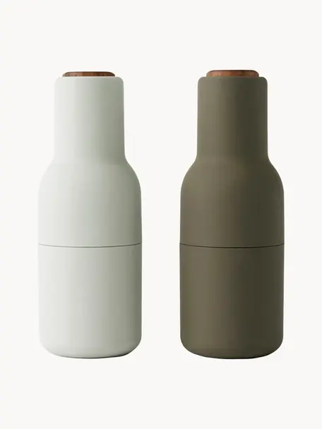 Salz- & Pfeffermühle Bottle Grinder mit Walnussholzdeckel, 2er-Set, Korpus: Kunststoff, Mahlwerk: Keramik, Deckel: Walnussholz, Off White, Olivgrün, Walnussholz, Ø 8 x H 21 cm