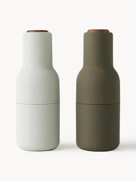 Moulin à sel et à poivre design avec couvercle en noyer Bottle Grinder, 2 élém., Blanc cassé, vert olive, bois de noyer, Ø 8 x haut. 21 cm