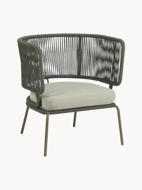 Garten-Loungesessel Nadin mit geflochtenem Seil, Gestell: Metall, verzinkt und lack, Bezug: Polyester, Webstoff Hellbeige, Olivgrün, B 74 x T 65 cm