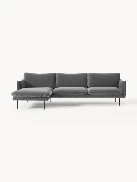 Samt-Ecksofa Moby, Bezug: Samt (Hochwertiger Polyes, Gestell: Massives Kiefernholz, Bir, Samt Grau, B 280 x T 160 cm, Eckteil links