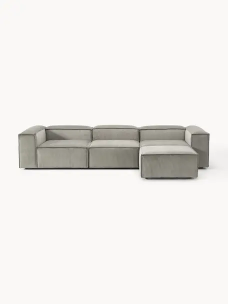 Modulares Sofa Lennon (4-Sitzer) aus Cord mit Hocker, Bezug: Cord (92 % Polyester, 8 %, Gestell: Massives Kiefernholz, Spe, Cord Grau, B 327 x T 207 cm