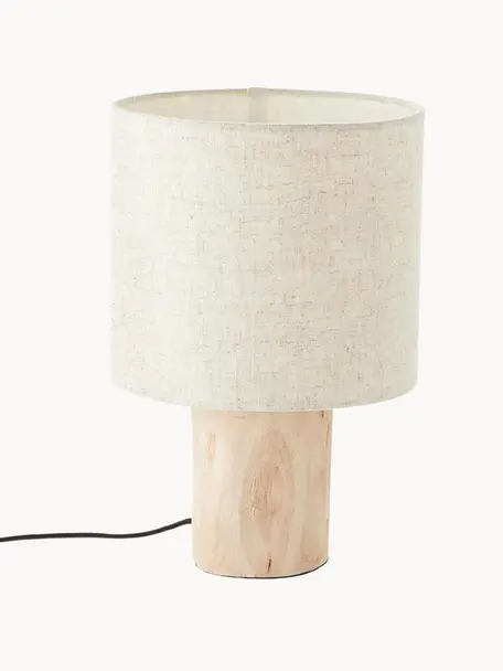 Malá stolová lampa z ľanu Pia, Béžová, svetlé drevo, Ø 20 x V 30 cm